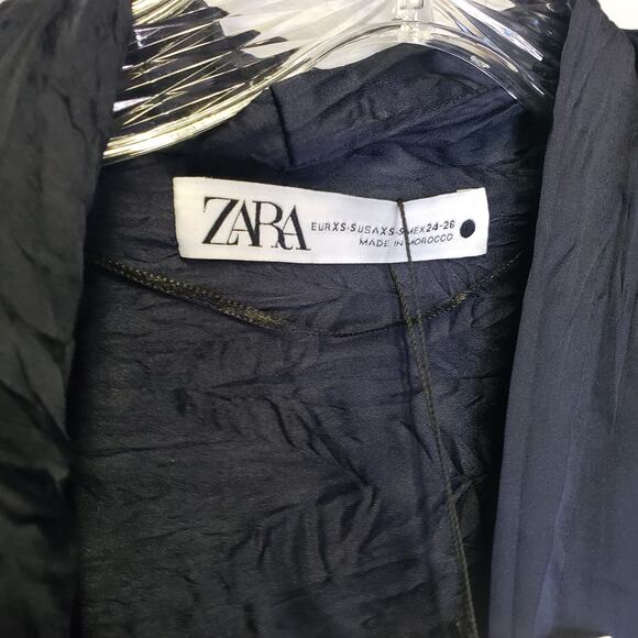 ZARA V-Neck Limited Edition Robe Dress Wrinkle Effect Silky Belt Navy - Picture 6 of 8